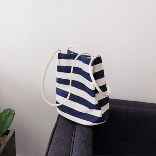 Women bag Korean Canvas Bucket Casual Striped Hasp vintage Simple style High-capacity handbag shopping bag Travel Bag