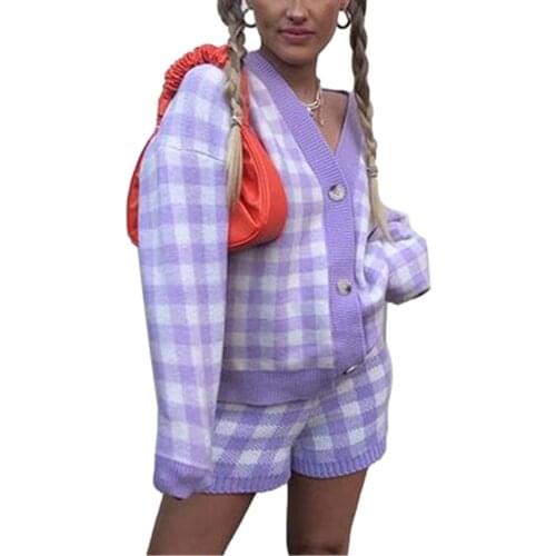 2-piece Womens Casual Sportswear Plaid V-Neck Long Sleeve Button Cardigan + Girls' Shorts Set Purple
