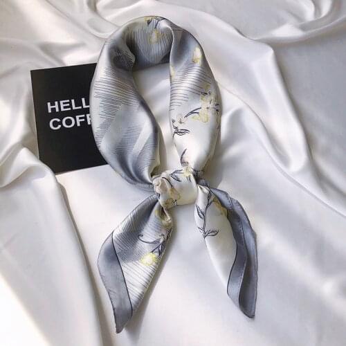 2021 Summer New Florals Printed Elegant Grey Silk Polyester Hair Scarf Women Multifunction Suqare Head Scarves 70*70cm