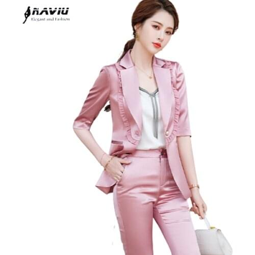 Blue Suits Women Fashion New Summer Half Sleeve Edible Tree Fungus Design Formal Slim Blazer And Pants Office Ladies Work Wear