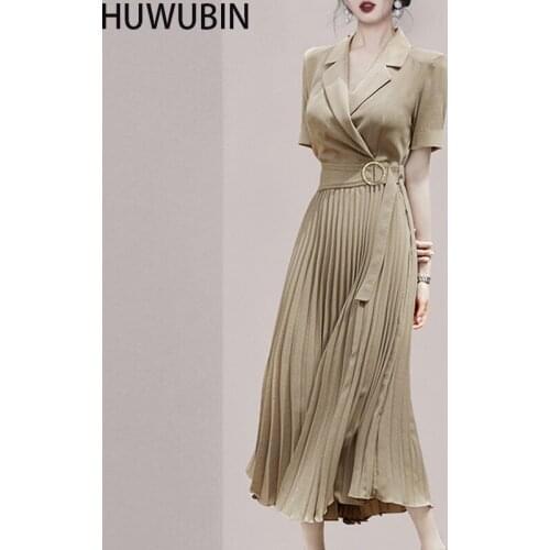 2021 Summer New Womens Unique Suit Collar Pleated Luxury Ladies Slim Temperament Fashion Elegant Avant-Garde Long Dress
