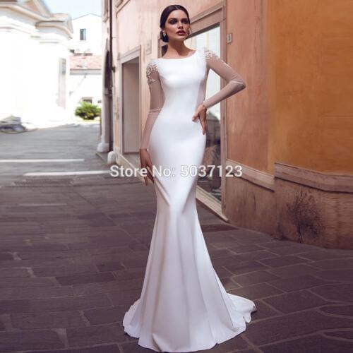 Satin Mermaid Long Sleeves Wedding Dresses O Neck Illusion Open Back Sweep Train Vestido De Noiva Bridal Wedding Gown Plus Size