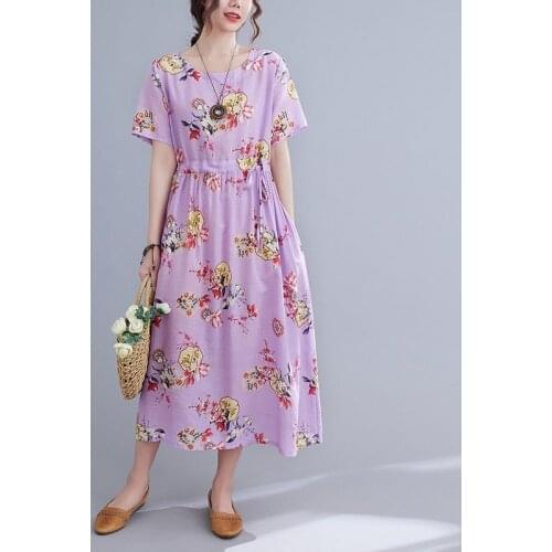 Women Cotton Linen Loose Casual Dress New 2021 Summer Vintage Style Floral Print Ladies Elegant A-line Long Dresses S3816