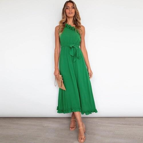 Women Summer Vintage Solid A-line Ruffles One-shoulder Elegant Dress Fashion Sexy Sleeveless Slim High Waist Long Dress Vestidos