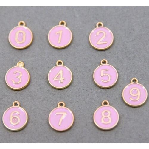 10PCs 12*15mm Zinc Alloy Charms Pendant Round Arabic numerals "0~9" DIY Findings Number Message Pink Enamel Accessories