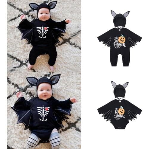 New Cosplay Newborn Baby Halloween Skeleton Costume Skull Romper Set Jumpsuit + Hat Infant Child Bodysuit For Boys Girls 2 Pcs