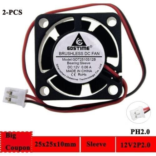 2pcs Gdstime DC 12V 2510 25mm Fan Cooler Brushless 25x10mm Mini Fan Cooling For Computer Case 5Blade 2Pin