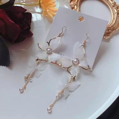 2021 New Design White Chiffon Solid Butterfly Fairy Lace Tassel Long Drop Earrings for Women Holiday Party Jewelry