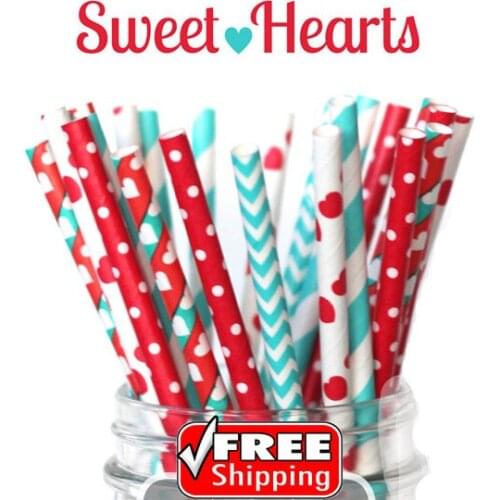 250pcs Mixed 5 Designs SWEET HEARTS Themed Paper Straws -Teal,Red,Stripes,Polka Dot,Hearts,Chevron,Love,Valentines Day,Wedding