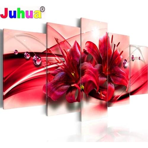 Flower Multi-Picture Diamond Painting 5 Panel Diamond Embroidery Full Round Square drill Modern Home Decor Mosaic Red Lily