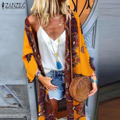 ZANZEA Bohemian Beach Cardigans Cover ups Women Vintage Floral Printed Blouse Summer Holiday Long Tops Open Front Shirt Kimono