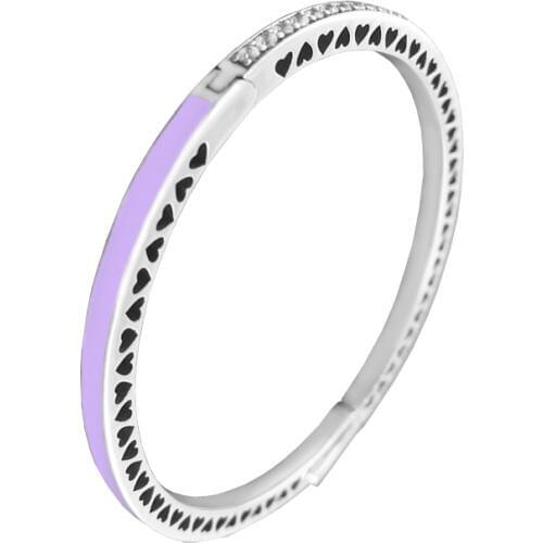 Radiant Hearts Bangles 100% 925 Sterling Silver Jewelry with Lavender Enamel and Clear CZ Free Shipping