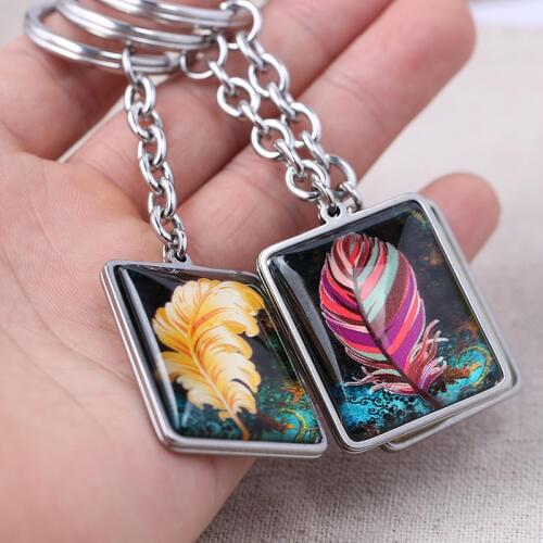 Reidgaller Stainless Steel Keyring Feather Pendant Key chain Rectangle Glass Cabochon Keychains Christmas Birthday Gift