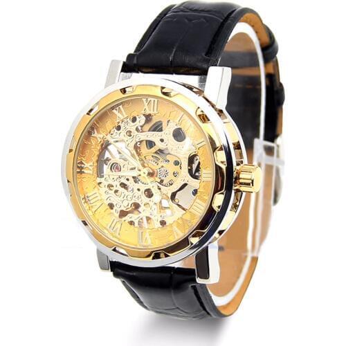 Classic Mens Mechanical Watch Black Leather Gold Dial Skeleton Army Sport Wristwatch Cool Relogio