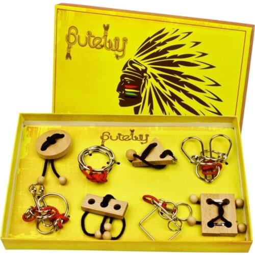 Butebuy Metal Wire Wood Puzzle Set IQ Mind Brain Teaser Link Unlock Interlock R7RB