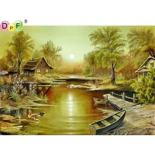 DPF 5D Boat in the sunset full Round Diamond Painting Mosaic DIY Magic Cube Cross Stitch art craft Diamond Embroidery Decor