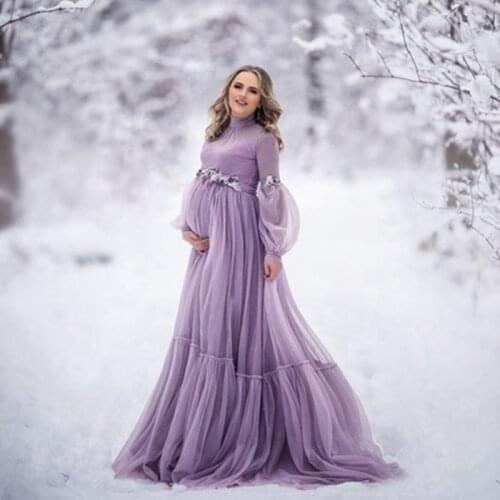 Elegant Light Purple Mesh Maternity Dress High Neck Draped Long Tulle Party Gowns For Pregnant Women 3D Flowers Bridal Dresses