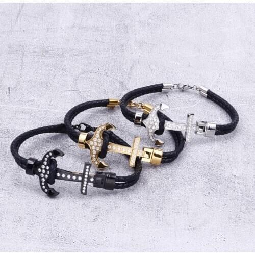 European and American fashion anchor titanium steel leather bracelet retro mens stainless steel trend jewelry