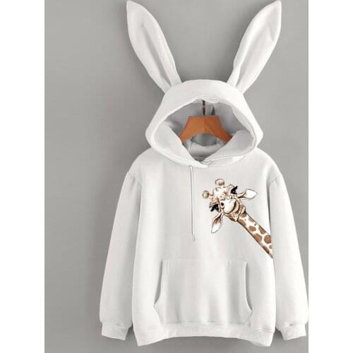 Kawaii Bunny Hoodie With Rabbit Ears Teen Girls Harajuku Giraffe Print Hooded Pullover Women Korean Pocket Sweatshirts Moletom