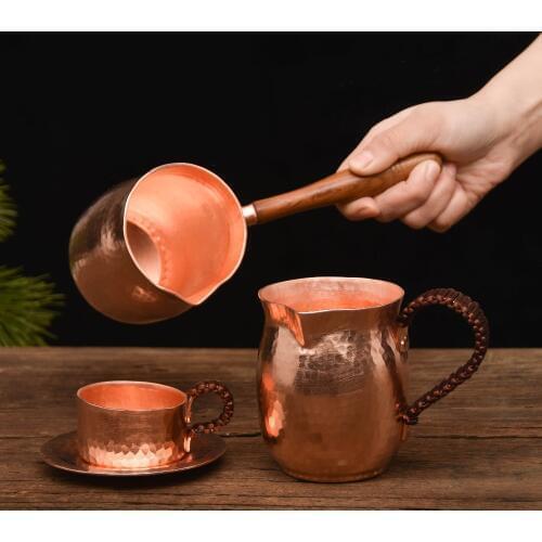 FeiC pure copper handmade coffee tea set Turkish Greek Arabic Coffee Pot with wooden handle Coffee Maker Ibrik for barista