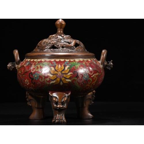 8"Tibet Temple Collection Old Bronze Cloisonne Enamel Lion head Binaural Three-legged incense burner Town House Exorcism