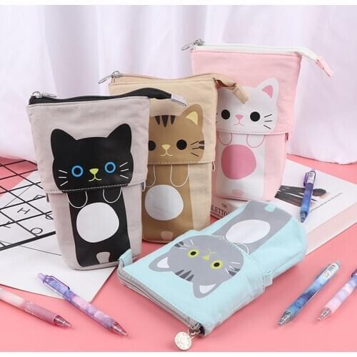 Korean Stationery Cute Multi-function Retractable Pen Holder Cat Animal Canvas Kawaii Pencil Case Pencil Pouch For Girls Kids