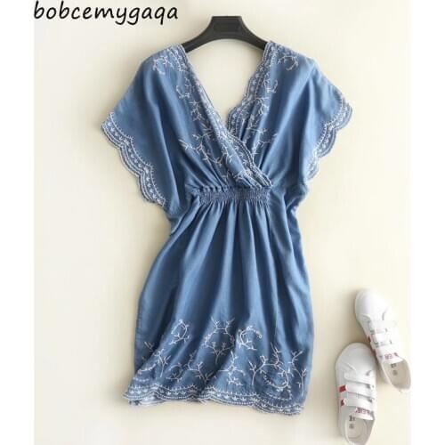 Summer deep v neck sexy mini denim dress backless embroidery dress short sleeve light blue short pleated Jeans elegant dresses