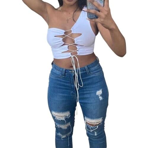 Women Sexy One Shoulder Tank Top Hollow Out Criss Cross Lace-Up Front Camis Vest Harajuku Solid Color Slim Streetwear