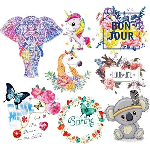 Cartoon Uncorn Heat Transfer Iron On Transfers On Clothes Animal/Fliowers Heat Transfer Vinyl Sticker For T-Shirts DIY Applique