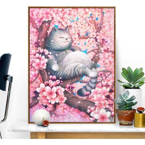 DIY Diamond Painting Kit, Cartoon Cat Handmade Cross Stitch Set, Cherry Blossom Rhinestone Embroidery, Cat Home Decoration Gift