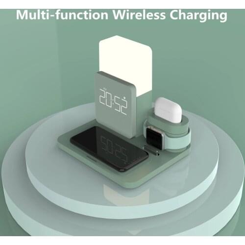 2021 New MultiFunction Wireless Charger Stand for Iphone Watch Airpods 3 In 1 Table Lamp Time Alarm Clock Fast Charger Station