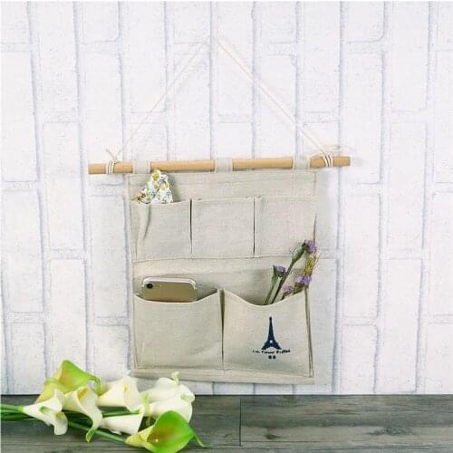 OUNONA Novelty Soft Linen Door Wall Hanging 5-Pockets Gadget Storage Bag Pouch Organizer Home Bedroom Decoration