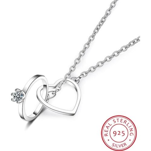 Charming 925 Sterling Silver Double Circle Heart Zircon Necklace For Women Girl Valentines Day Present S-N261