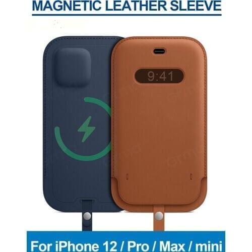 Originele Lederen Mouwen Voor Iphone 12 Pro Max Mini Case Mag Magnetische Veilig Opladen Wallet Pouch Card Pocket cover