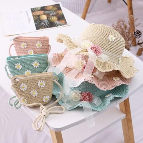 2021 New Summer Lovely Children Beach Hats Wide Brim Flowers Straw Parents-Child Holiday Travel Fashion Sun Hat Bags Set Gorras