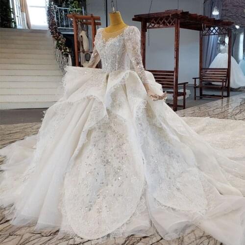 Luxury Metal Sequins Long Sleeve Lace Wedding Dress Ball Gown Shiny Diamond Decoration Wedding Gowns