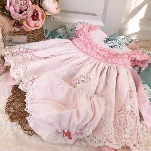 2PCS Pink Lace ShortSleeve Princess Dress For Bady Girls Summer Spanish Lolita Birthday Party Square Collar Ball Gown Dress 0-7Y