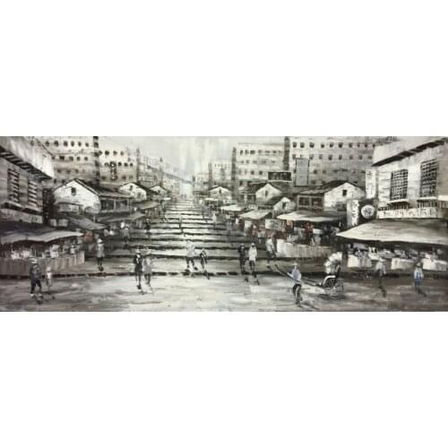 Hand Painted Oil Painting on Canvas Cityscape Hong Kong Trams Street Canvas Painting Wall Art Picture Painting for Home Decor