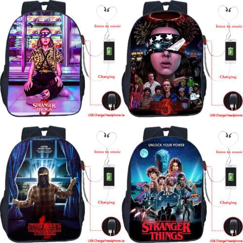 Stranger Things 4 Usb Backpack 16 Inch Students School Backpacks for Boy Girl Bookbag Teens Travel Rucksack Anime Zipper Mochila