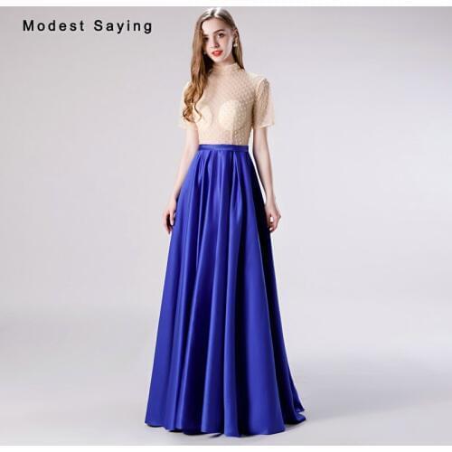 Sexy Sheer Bodice Royal Blue A-Line High Neck Evening Dresses 2019 Formal Women Short Sleeves Party Prom Gowns robe de soiree
