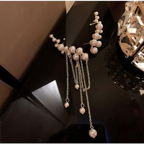 Pearl ear bone clip earrings asymmetrical 2021 trend new elegant geometric earrings personality exaggerated pendant jewelry