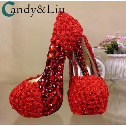 Red Diamond Rose flower wedding shoes high heel waterproof platform crystal bride shoes wedding photos Bridesmaid performance