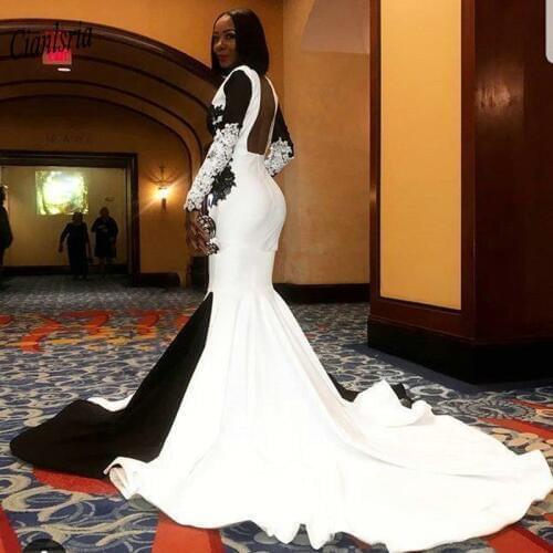 White and Black V-Neck Mermaid Evening Dress Long Sleeve Appliques Lace Backless Black Girls Formal Evening Party Dresses