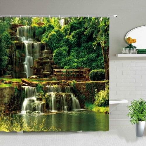 Waterfall Forest Plant Landscape Shower Curtains Waterproof Fabric Ocean Scenery Bathroom Decor Screen Bath Curtain With Hooks