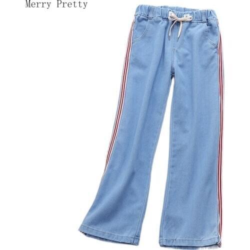 Blue Side Stripe Casual Wide Leg Pants Women Denim Jeans 2021 Spring Ladies Sweet Style Pocket Ankle Length Trousers