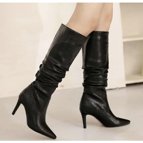 The New Crocodile Pattern PU Women Boots Fashion Folds 9CM High Heel Pointed Toe Knee High Boots Sexy Autumn Ladies Winter Boots