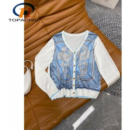 8.23 High End Luxury Silk Print Spliced V-Neck Single-Breasted Long Sleeve Wool Knit Sweater Cardigan Women