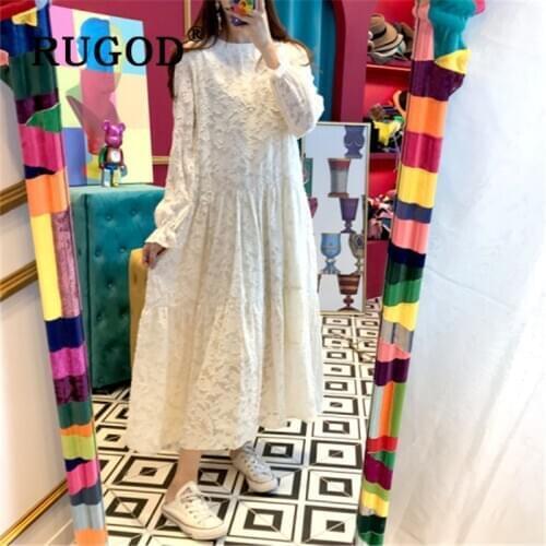 RUGOD Elegant lace embroidery long women dress Korean chic O neck flare sleeve party dresses vestidso Leisure loose maxi dress