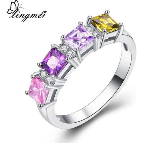 Lingmei New Arrival Pink Purple Olive Green & Light Purple CZ Silver Color Ring Size 6 7 8 9 Unisex Party Fashion Jewelry Gift