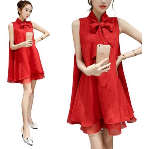Women Summer Slimming New Organza Bow Chiffon Red Princess Dress